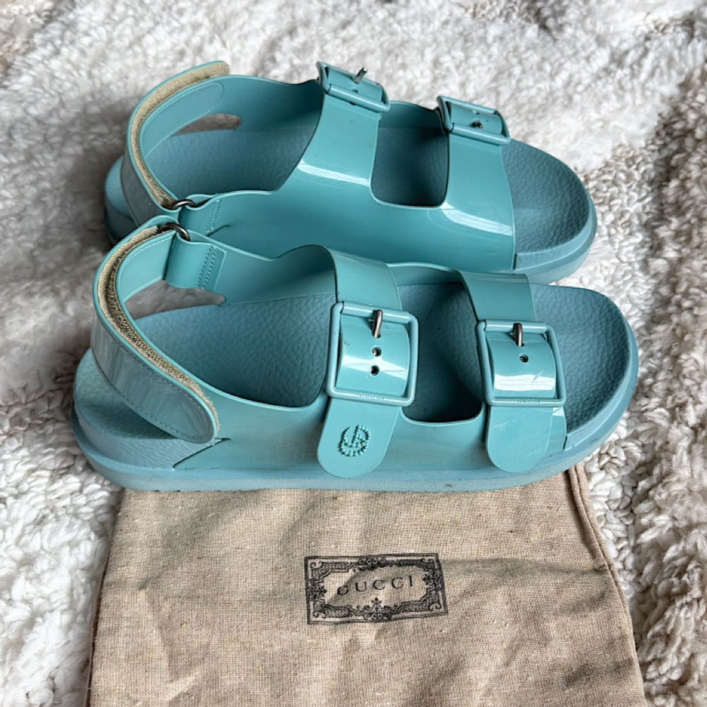 GUCCI ISLA BLUE GG DOUBLE STRAP RUBBER DAD SANDALS 39